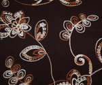 Asukangas Kukat, musta-ruskea-valkoinen, pellava-viskoosi kangas, brodeeratut kuviot, leveys 137cm
