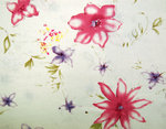 Asukangas Kukat, violetti-pinkki-vihreä-keltainen-valkoinen, pellava-viskoosi kangas, leveys 135cm